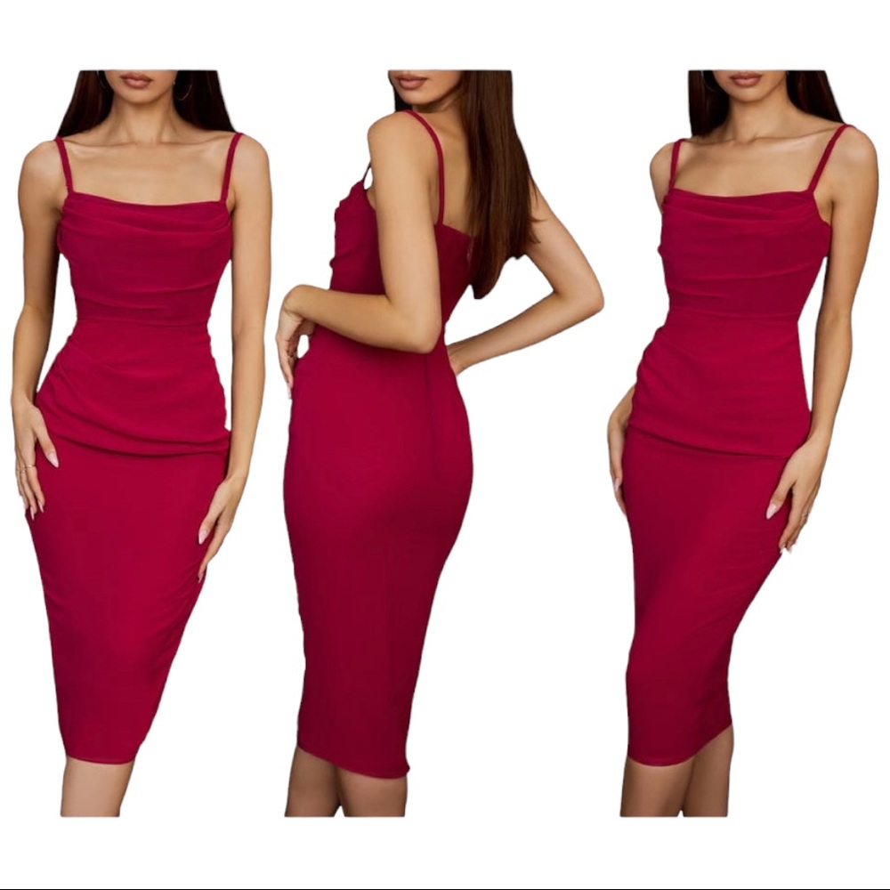 House of CB Jamille Draped Corset Georgette Midi Dress Size L in Berry